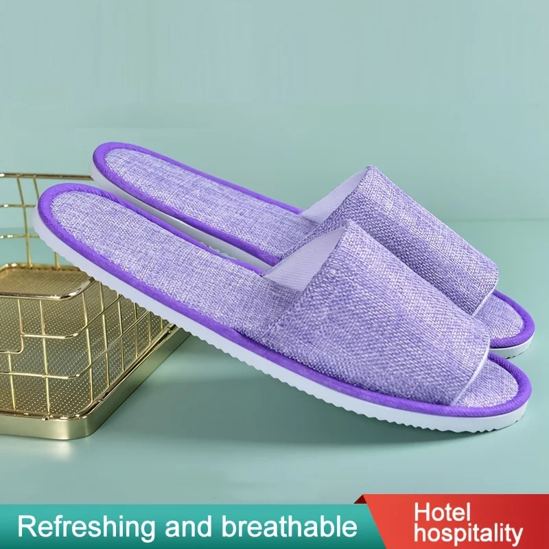 Pantoufles Diapositives D’hôtel Légères À Enfiler En Lin Et À Semelle Souple lot de 5 paires – Image 3