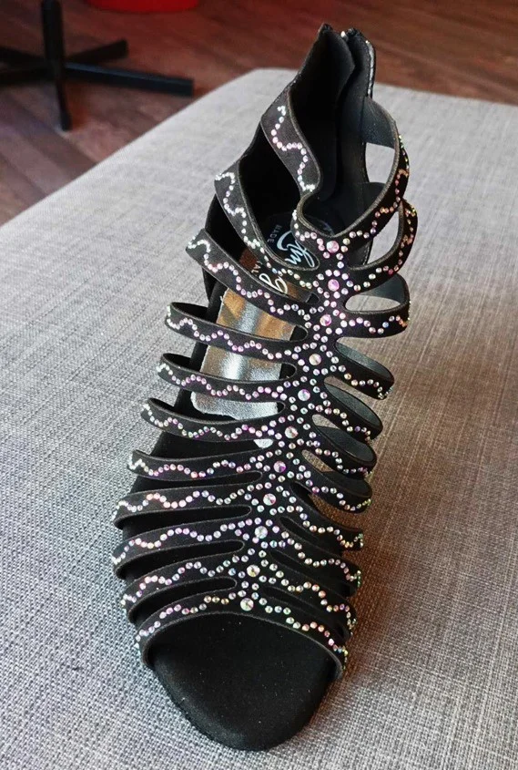 L11-LIDMAG Bottines de bachata kizomba noir à lanières à strass 7 cm – Image 2