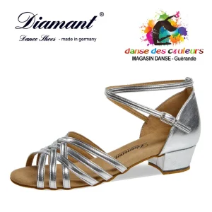 Chaussure de danse argentée à lanières croisées talon bloc 28 mm-DIAMANT