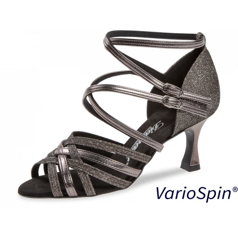 108-087-521V-Chaussure latine gris bronze lanières doubles croisées talon 6.5 cm