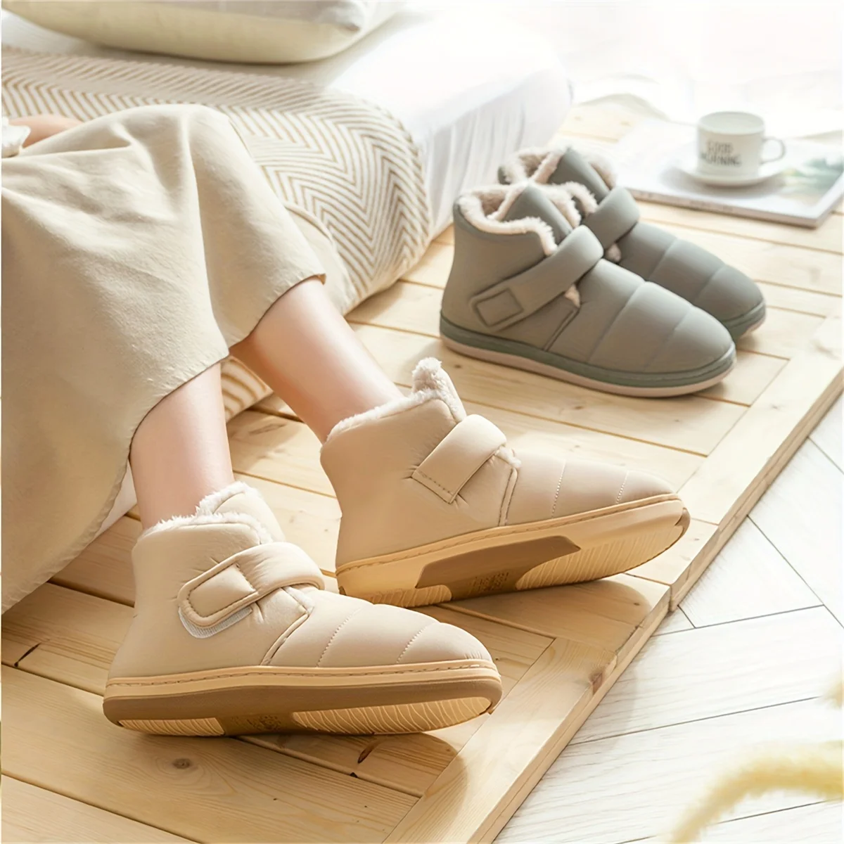 Pantoufle Bottines De Couleur Unie Légères Et Respirantes Doublées De Peluche, Douces Et Chaudes – Image 7