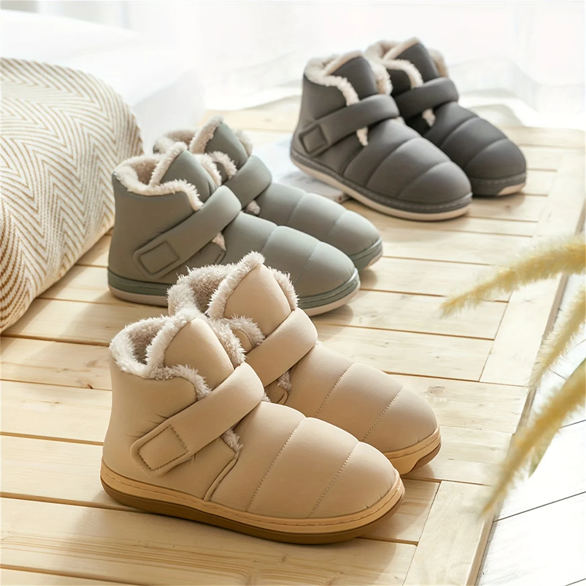 Pantoufle Bottines De Couleur Unie Légères Et Respirantes Doublées De Peluche, Douces Et Chaudes – Image 6